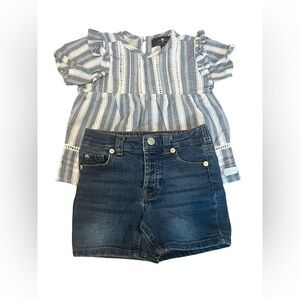 7 For All Mankind Blue and White Striped Girls Blouse with Jean Shorts. Size:24M